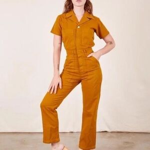 Mustard Short Sleeve Big Bud Press Jumpsuit 2X